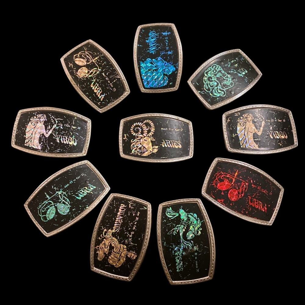 Vintage 1970’s Black Distressed Prismatic Zodiac Belt Buckle | Silver Libra - Picture 6 of 6